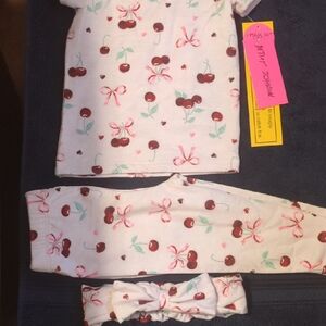 Betsey Johnson 6 PC Cherry Print Baby/Bear Stripes/Headband Payamas 2 Set 18M